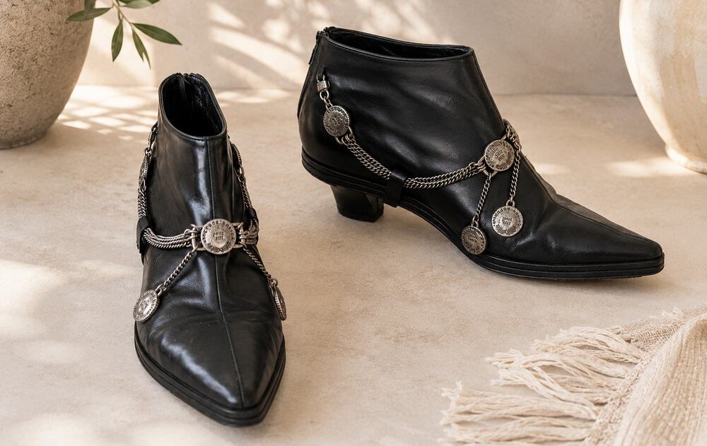 Vintage y2k Stephane Kelian Paris Black Leather Chain Ankle Boots US 6/6.5